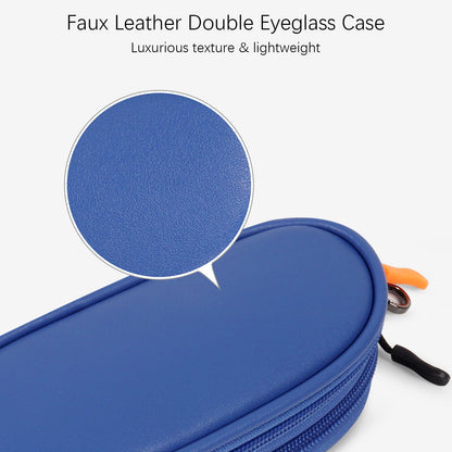 Tangoner Double Eyeglasses Case with Zipper – Faux Leather Soft Sunglasses Pouch, Portable Travel Glasses Holder with Keychain Clip for Men & Women (Blue PU)
