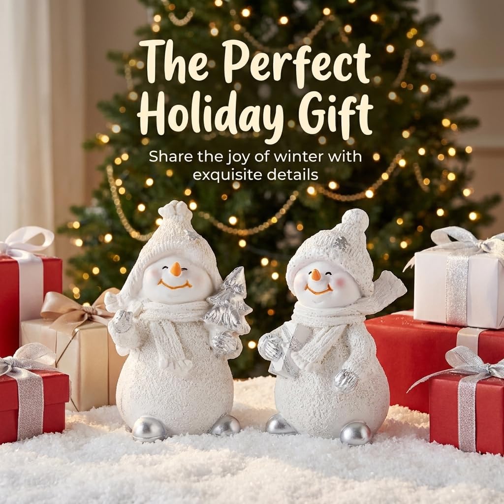 Brizoria Snowman Figurines Set of 2 White Resin Christmas Decorations with Silver Accents Winter Mantel Decor and Holiday Centerpieces for Table Home Indoor Tiered Tray Room Display