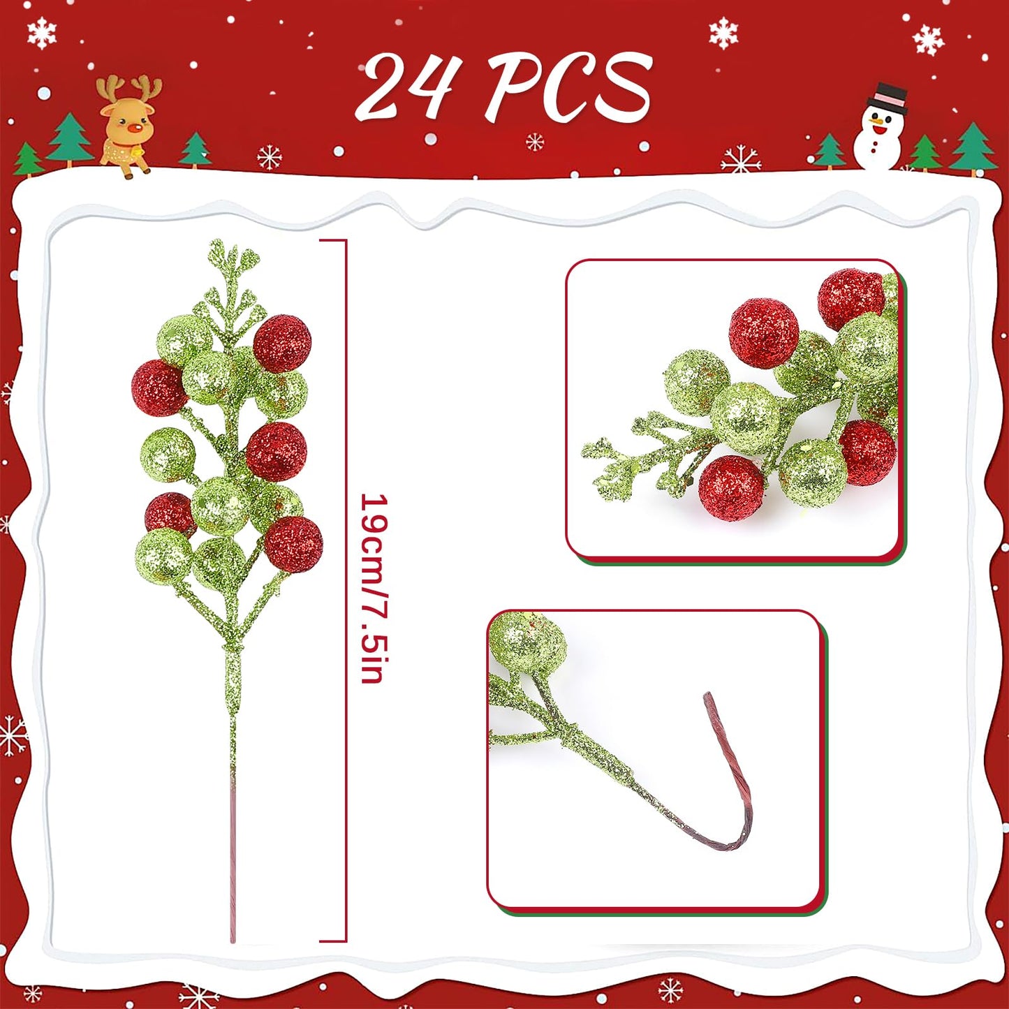 Meching 24 Pack Christmas Glitter Green Red Berry Stems, 7.5 Inch Artificial Christmas Berries Picks for DIY Crafts Xmas Tree Christmas Wreath Home Wedding Home Party Decoration (Green&Red)
