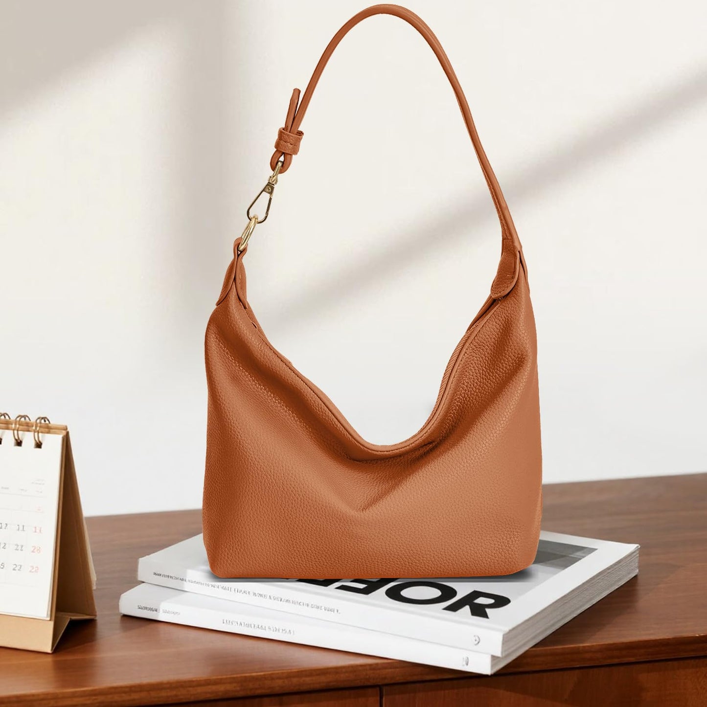 NEBIL Small Hobo Bag For Women Soft Pu Leather Shoulder Purse Slouchy Everyday Trendy Handbags with Zipper (Brown)