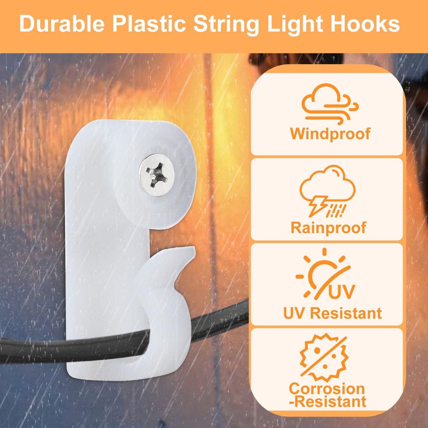 50 Pack Hooks for Outdoor String Lights, Christmas Light Clips bulk with Screw, Weatherproof Light Hanger Hooks for Hanging Christmas Lights,Wall Cable,Fairy Lights on Fence Patio Gutter (White)