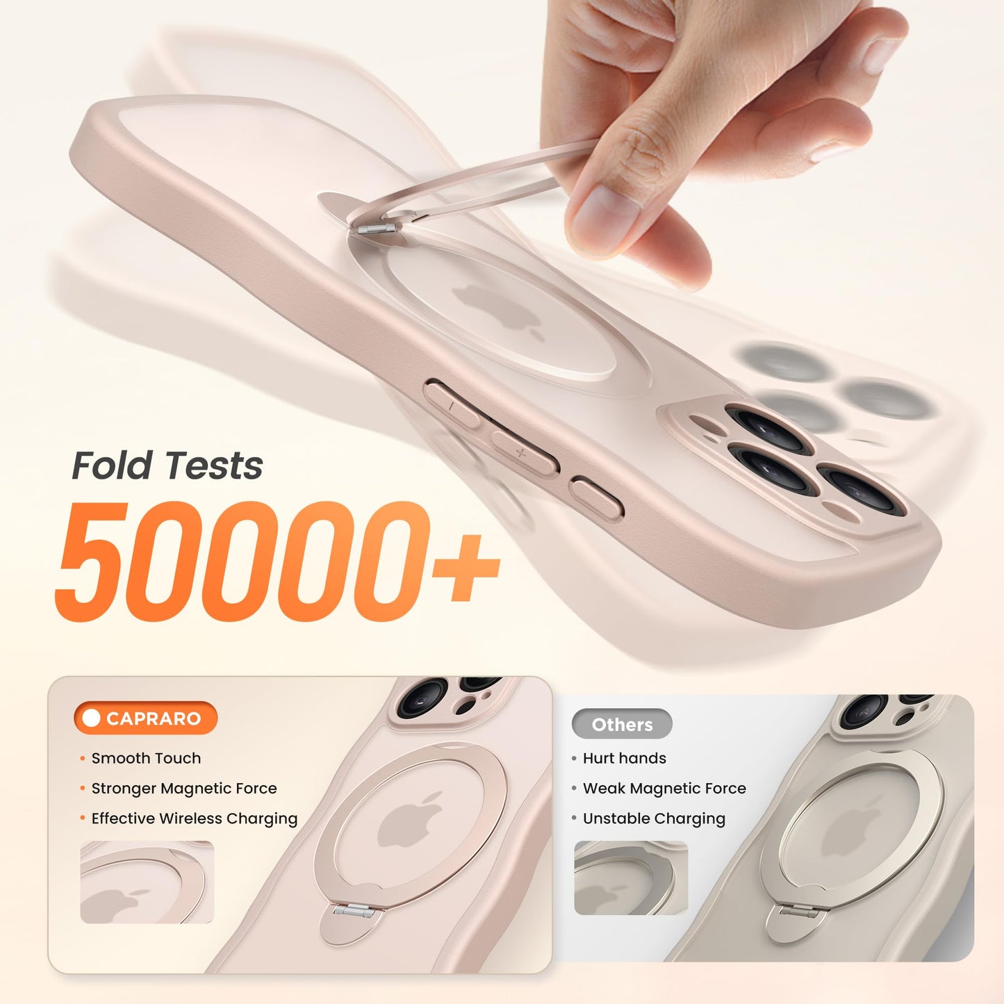 CAPRARO for iPhone 15 Pro Max Case with 360° Spin Magnetic Stand for Women, [Compatible with MagSafe] [Full Camera Protection] Cute Wave Translucent Matte Case for iPhone 15 Pro Max, Rose Gold