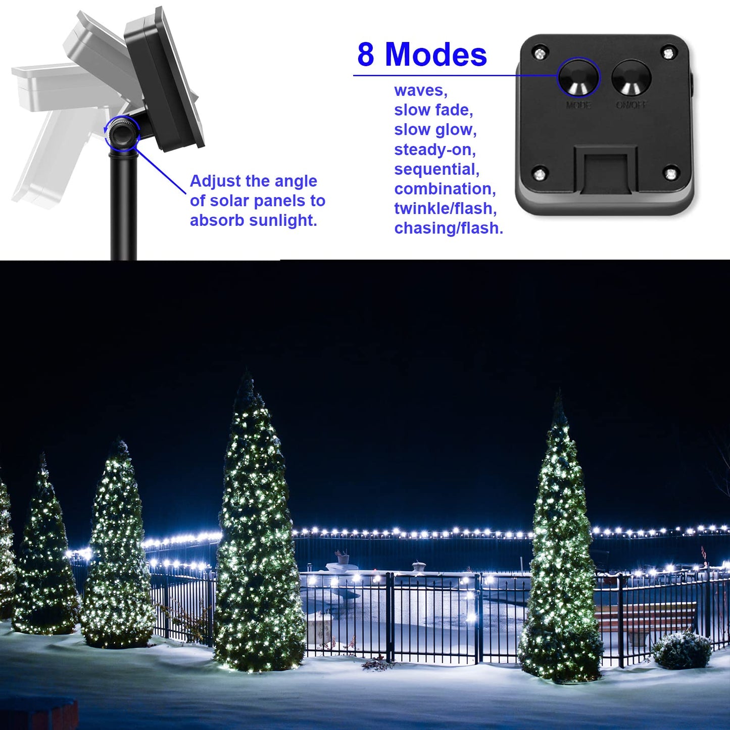 YAOZHOU Solar Fairy String Lights for Outside, Outdoor Waterproof, Cool White 2Pack Total 200LED 66Ft 8 Modes Mini Mini Small Solar Powered Lights for Christmas, Garden, Patio, Fence, Balcony