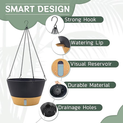ZMTECH 12 Inch Large Hanging Planters for Outdoor Plants, 2 Pack Self Watering Hanging Planter with Visual Reservoir, Hanging Baskets for Plants Indoor with Drainage Hole and Plant Hanger(Gray)