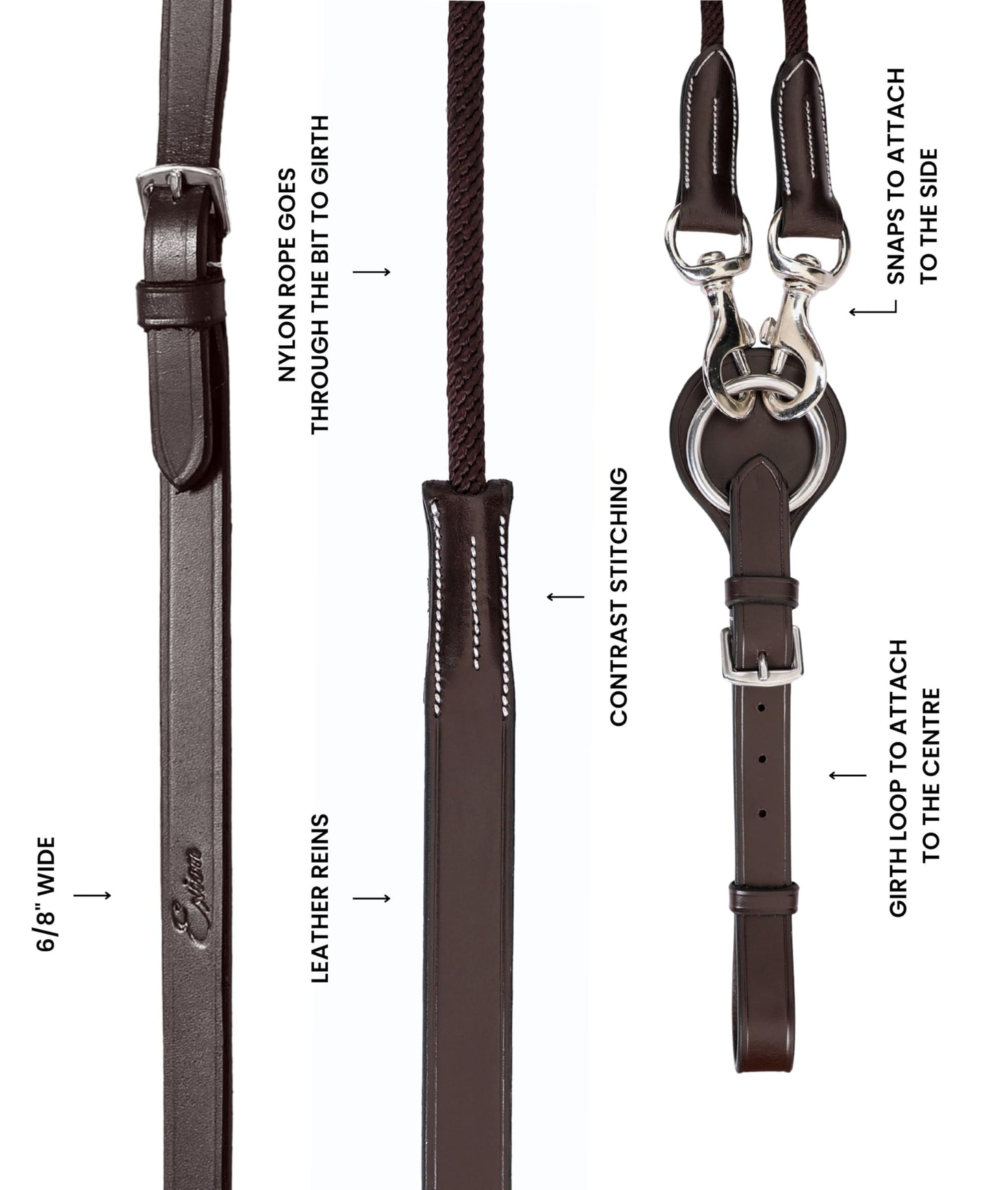 ExionPro Exion Leather and Rope Draw Reins for Horses, 6/8-19 mm Wide 90 inches Long with Buckle Guard Handle and Quick Snap | Premium Equestrian Training Draw Rein for Horses