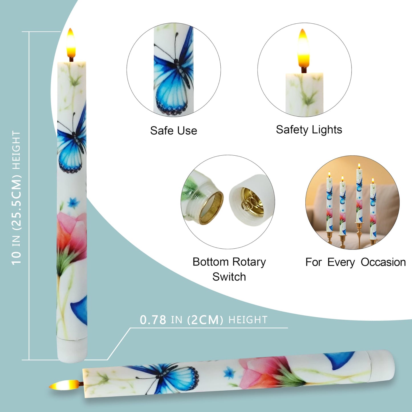SEUCRWAX 10 Inch Flameless Taper Candles,LED Candlesticks Battery Operated with 10-Key Remote and Timer,4p Flame Lights for Wedding Decoration Party(Butterfly)