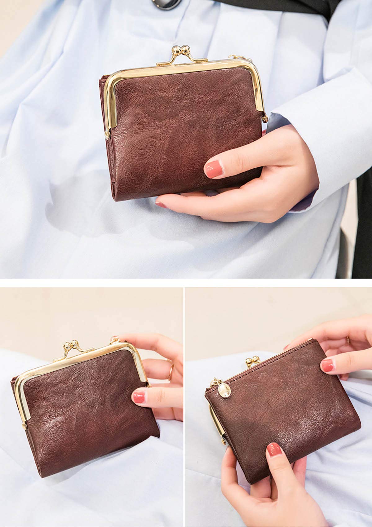 PofeeXIO Womens Wallet RFID Small Compact Bifold Leather Vintage Wallet,Ladies Coin Purse with Zipper and Kiss Lock (Brown)