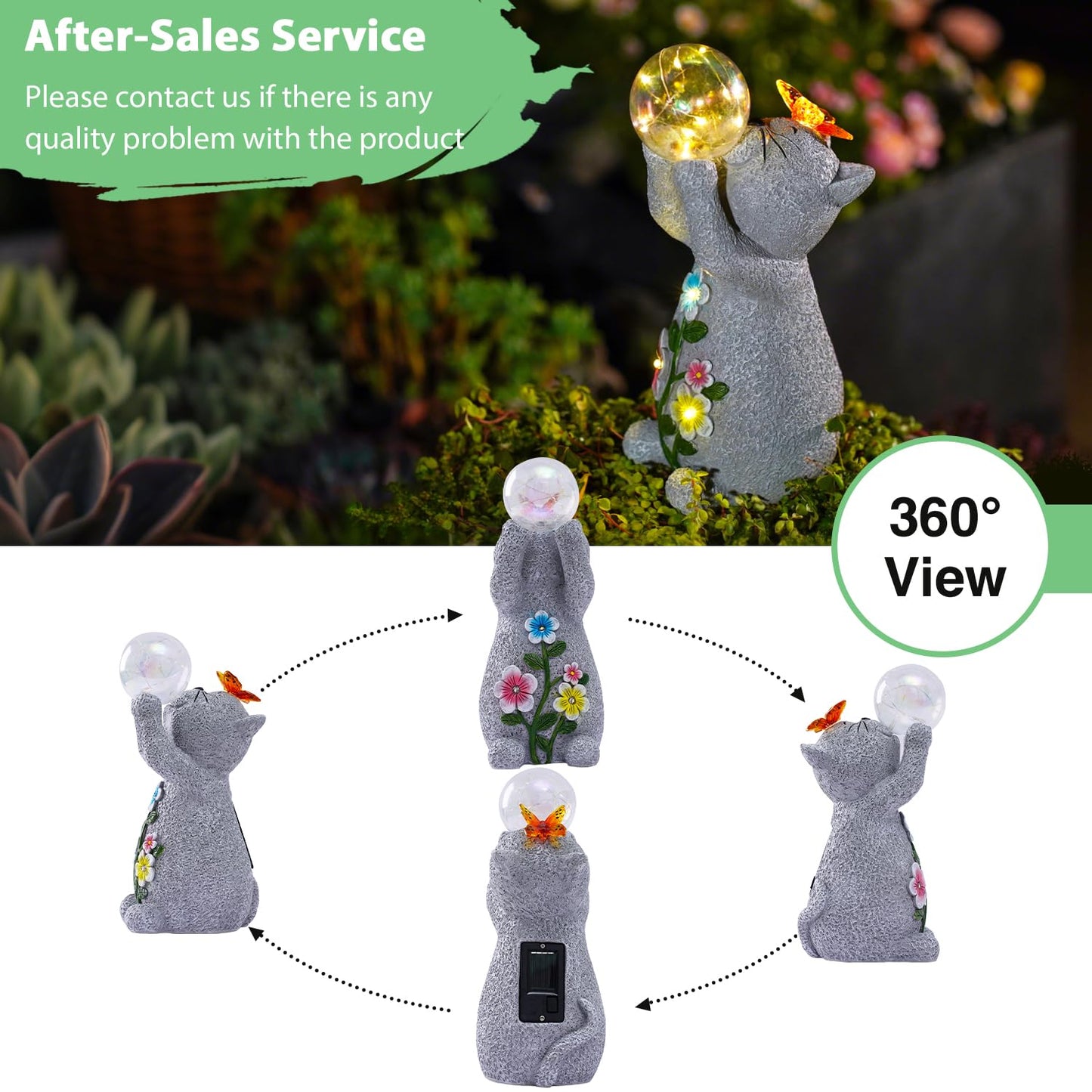 Goodeco Solar Cat Garden Statue - Outdoor Cat Decor with Solar Butterfly & Succulent Flowers LED Lights for Garden Enthusiasts - Ideal Gifts for Mom & Birthdays