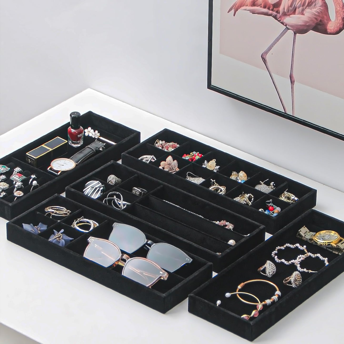 2Pcs Desk Drawer Storage Tray, Nightstand Organizer Tray, Necklace Bracelet Ring Earring Jewelry Display Tray, Grid Table Organizer Holder Tray for Sunglass, Phone, Watch, Perfume (1 grid)/Black