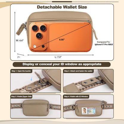 YFWE Clip and Go Phone Strap with Crossbody Wallet, Adjustable Phone Lanyard with Detachable RFID Wristlet Wallet, Anti-Theft Leather Purse with ID Window for Travel Essentials (Khaki)