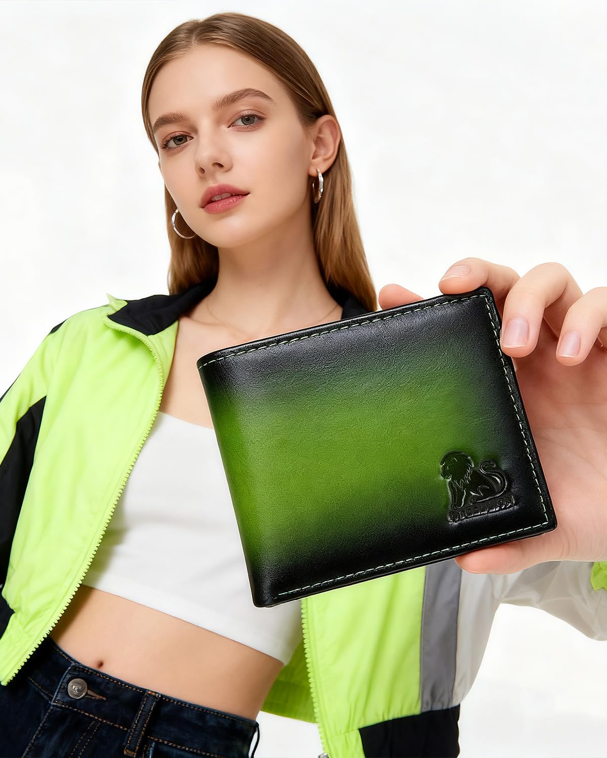 STEELLION Leather Wallets for Men, Cowhide Mens Bifold Wallet RFID Blocking with 2 ID Windows, Zipper Pocket (Green)