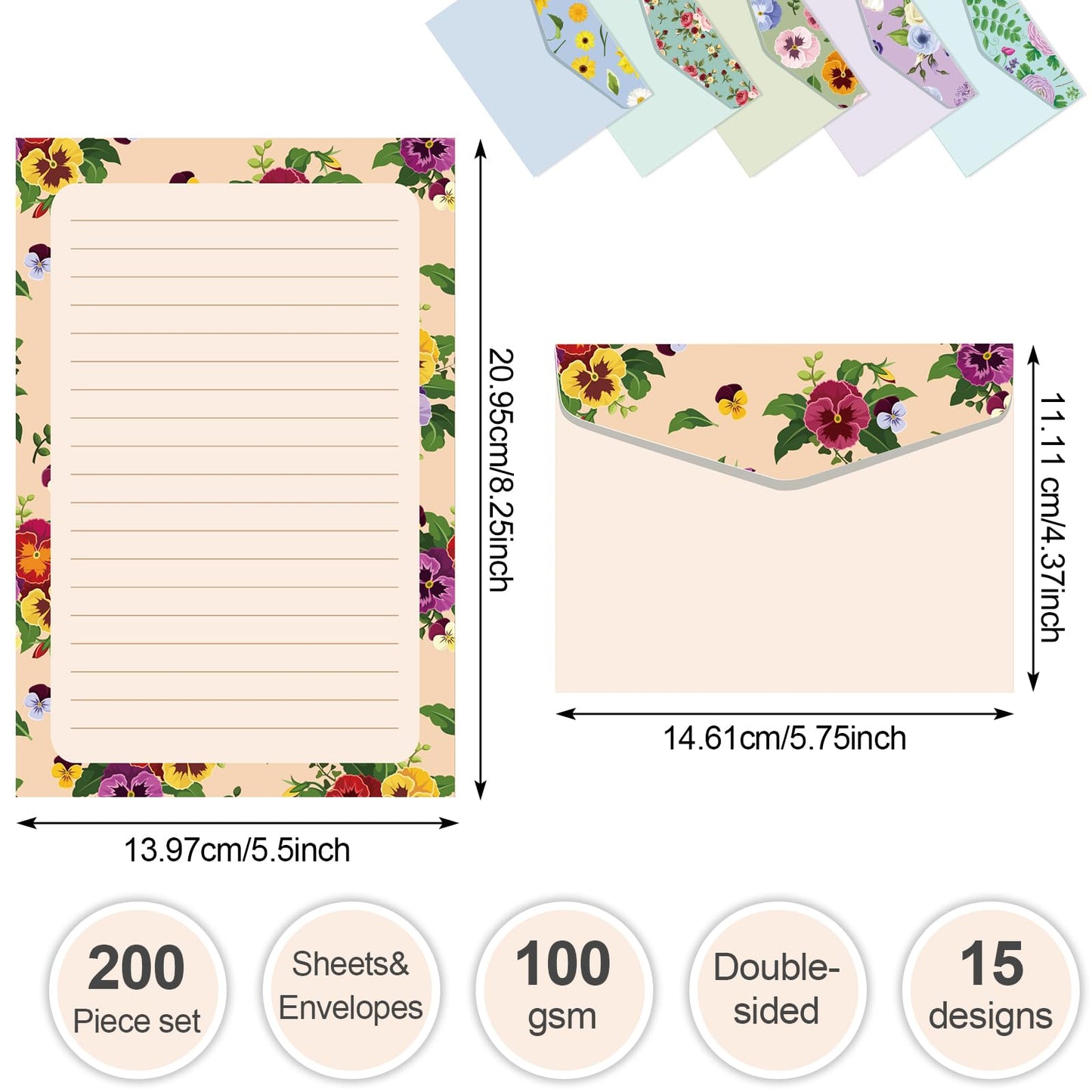 Geyee 200 Pieces Watercolor Stationary Paper and Envelopes Include 100 Lined Sheets and Envelopes, 5. 5 x 8. 25 Inch Double Sided Printing Letter Writing Paper with Mailers(Floral)