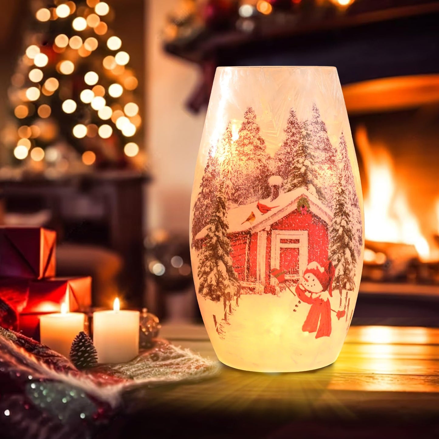 Wonder Solar Christmas Crackle Glass Lights Decorations Snowman Indoor Crackle Glass Vase LED Lighted Holiday Lamp Night Lights for Xmas, Christmas Lighting Decorations Indoor