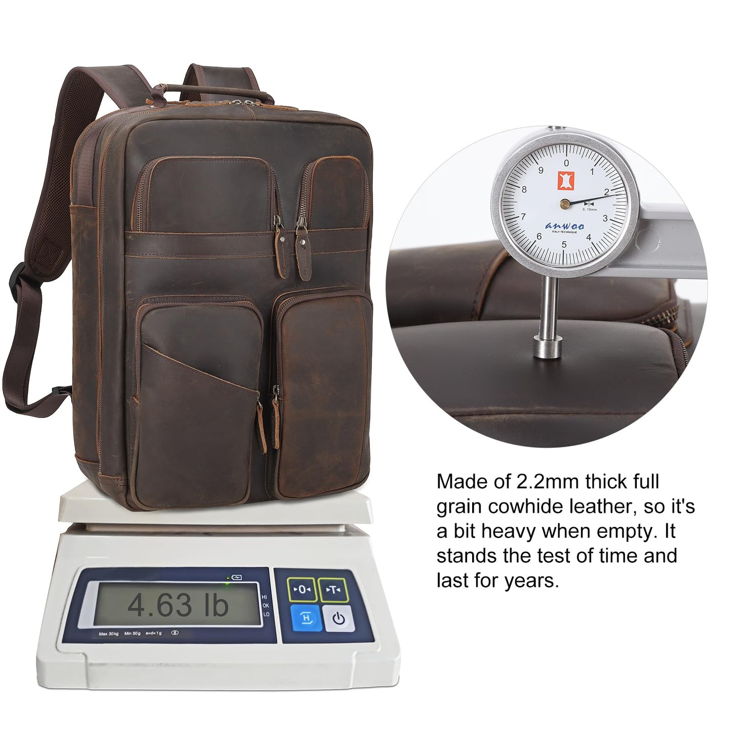 TIDING 17.3" Full Grain Leather Laptop Backpack for Men Multi Pockets Casual Daypack Business Travel Rucksack