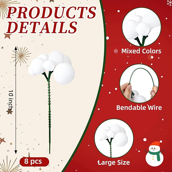 8 Pcs White Christmas Tree Picks 7.87 Inch Christmas Balls Ornaments Xmas Hanging Decorations for Xmas Tree Topper DIY Wreath Holiday Floral Vase Fillers Crafts Home Decor