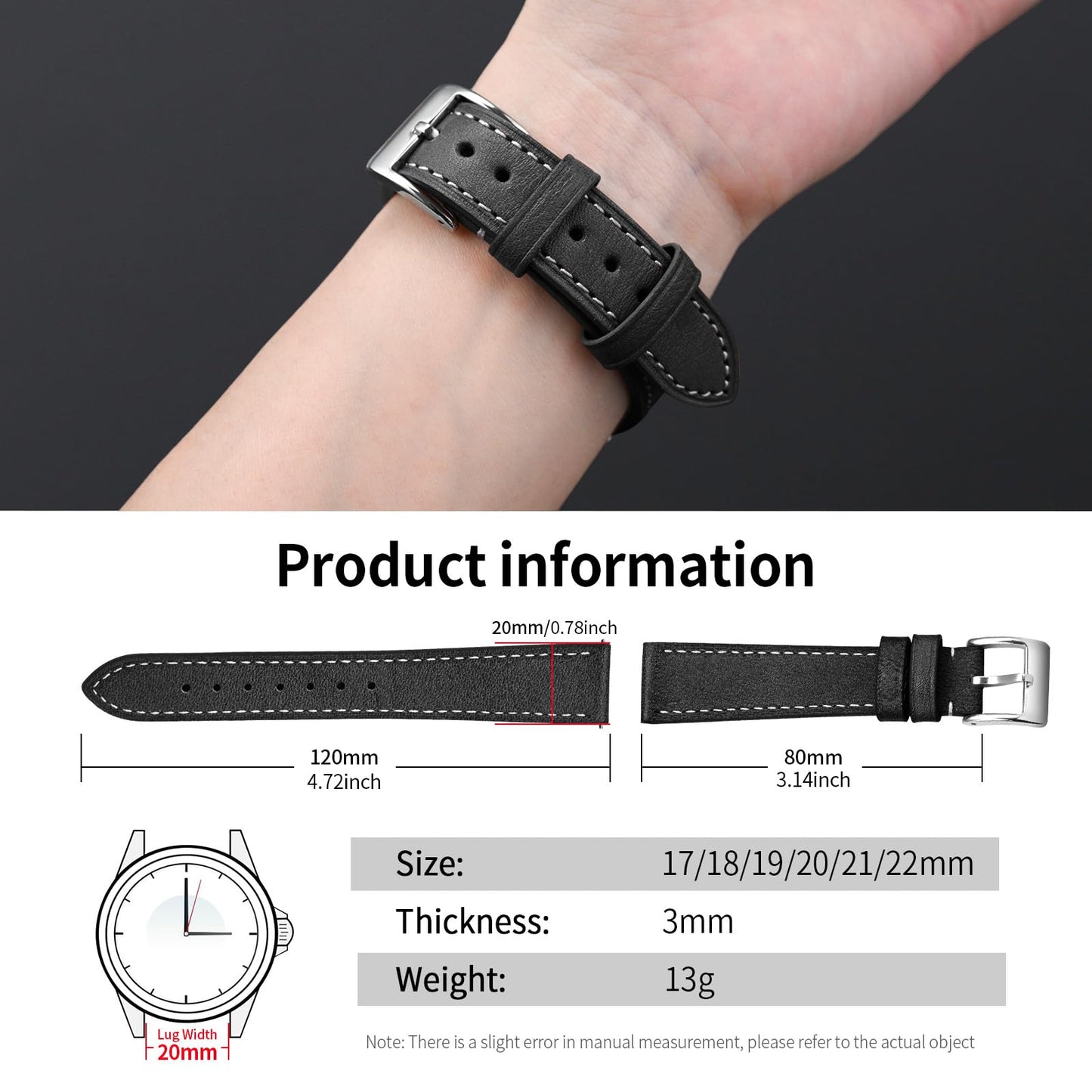 ULLCHRO Leather Watch Straps for Men & Women - Quick Release - Stainless Steel Buckle - Replacement Strap - Band With 17mm, 18mm, 19mm, 20mm, 21mm, 22mm (22mm, Black)