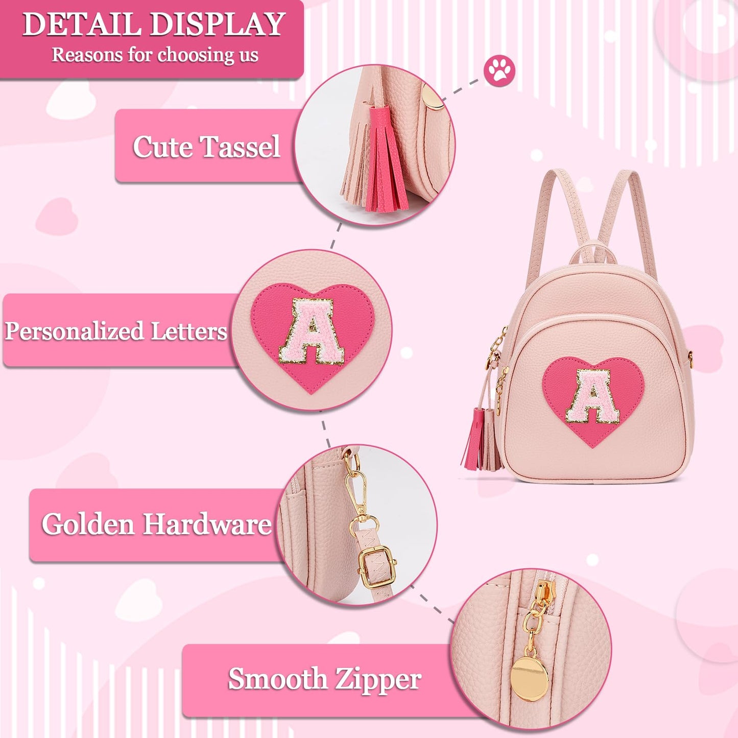 CLOUDWINGS Birthday Gifts for Kids Gifts for Girls Little Girl Initial Mini Heart Backpack Purse Crossbody Bag with Tassel，Pink-A
