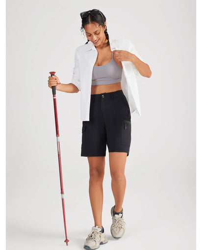 Oalka Women's Hiking Cargo Shorts Bermuda Lightweight Golf Camping 9" Long Shorts with Pockets Quick Dry Black XL