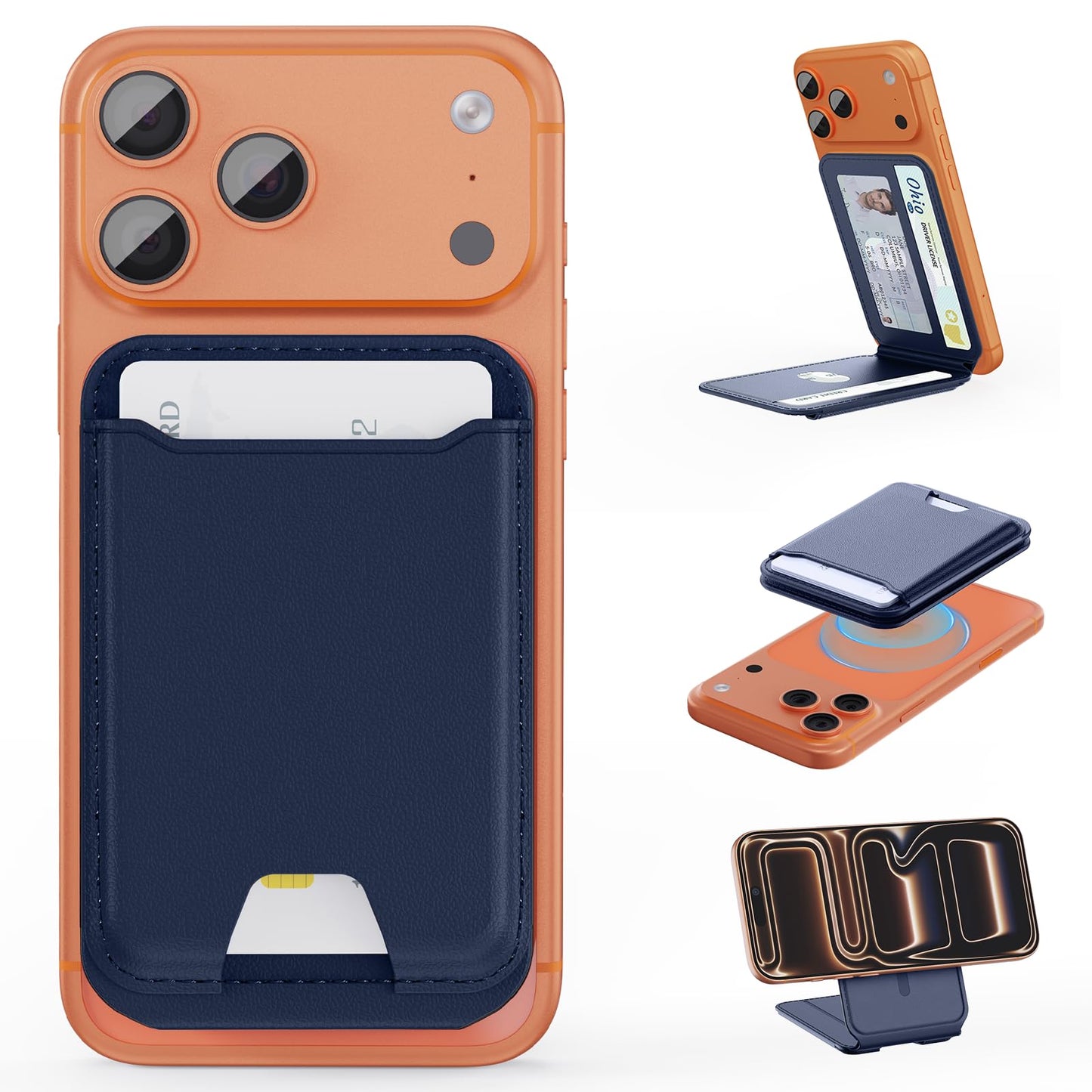TopMade for MagSafe Wallet with Adjustable Stand, Magnetic Phone Card Holder for iPhone 17/16/15/14/13/12 Series, RFID Blocking Premium Leather, ID Window, Holds 5 Cards, Navy Blue
