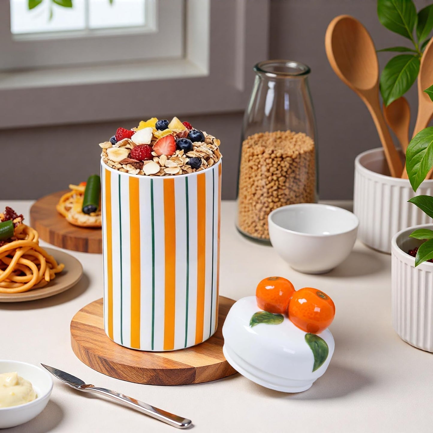 Iryanthos Cookie Jar with Airtight Lid, 9.65" H Ceramic Food Storage Containers for Kitchen Countertop Decor, Personalized Striped Jars with Orange-shaped Lid, For Candy Tea Coffee Spices Nut Honey