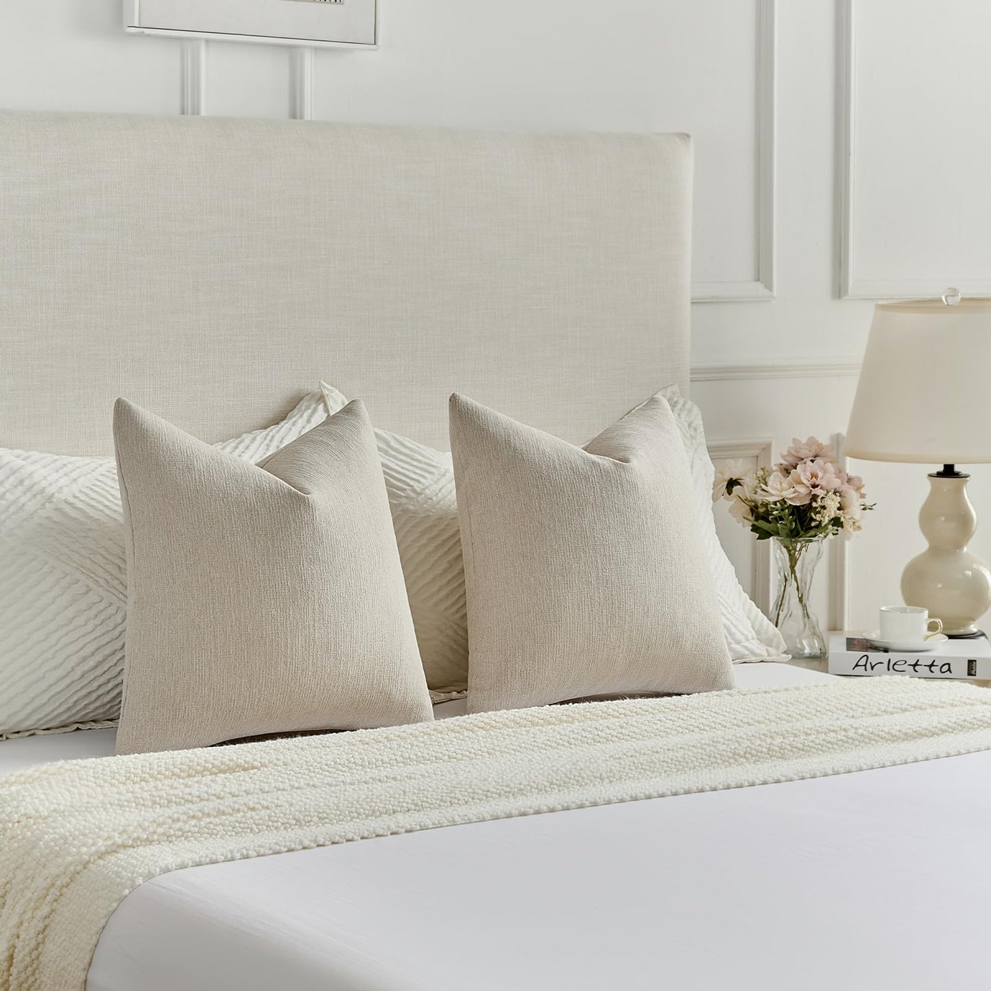 FUTEI Pack of 2 Chenille Decorative Throw Pillow Covers 18x18 Inch,Soft Cozy Faux Linen Textured Cushion Case,Farmhouse Home Decor for Couch Living Room,Beige
