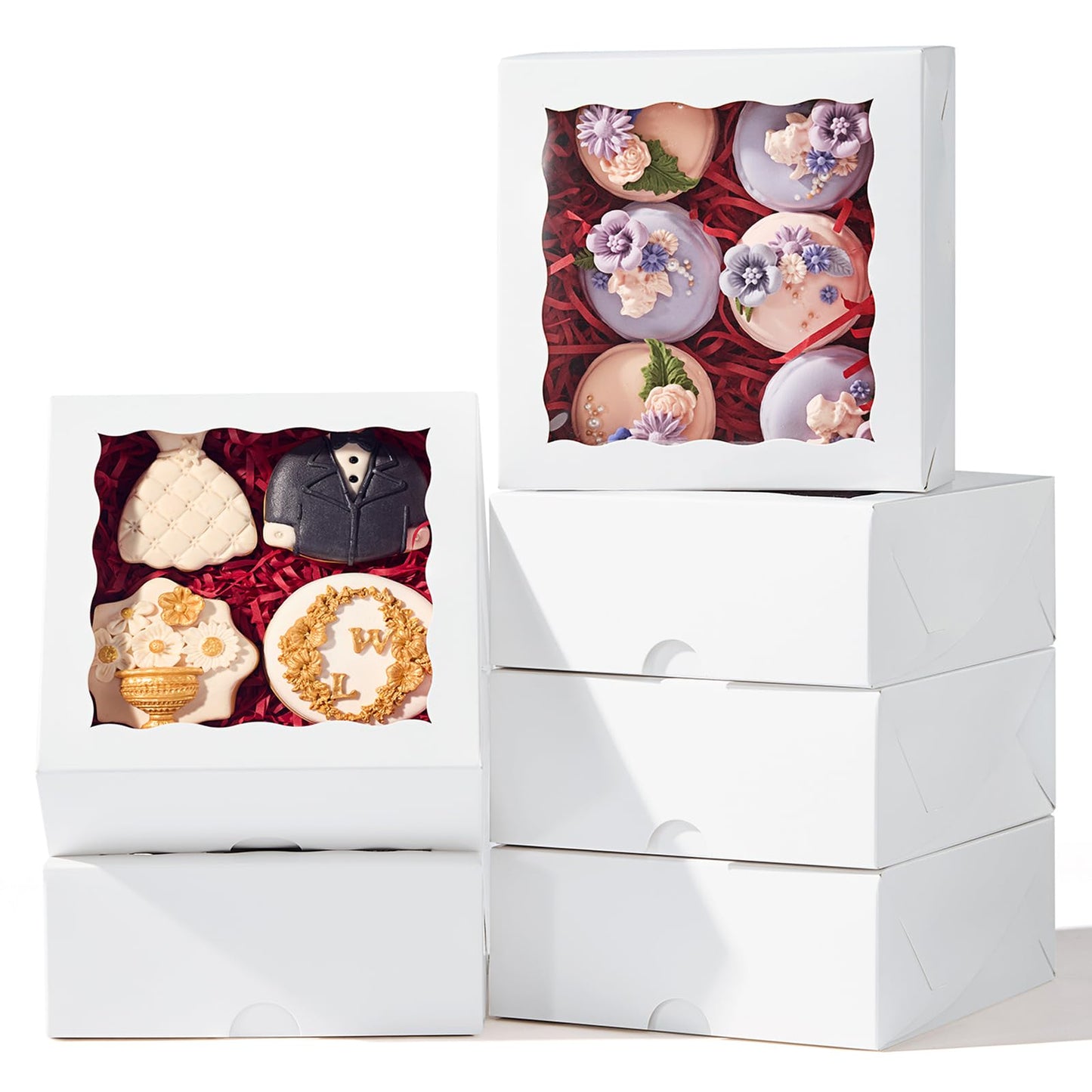 JCXGRVC 100PCS 6"x6"x2½ Bakery Boxes with Window Cookie Boxes Small Cake Boxes Macaron Boxes Pie Boxes Truffle Chocolate Boxes for Christmas Valentine's Mother's Day