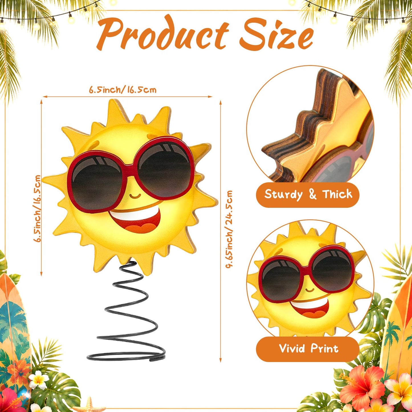 APUDWN 9.6 x 6.5 Inch Wood Sun Tree Topper with LED Lights, Summer Tree Decorations for Tropical Beach Luau Party Tabletop Battery Powered 3D Sunglasses Smiling Face Holiday Decor