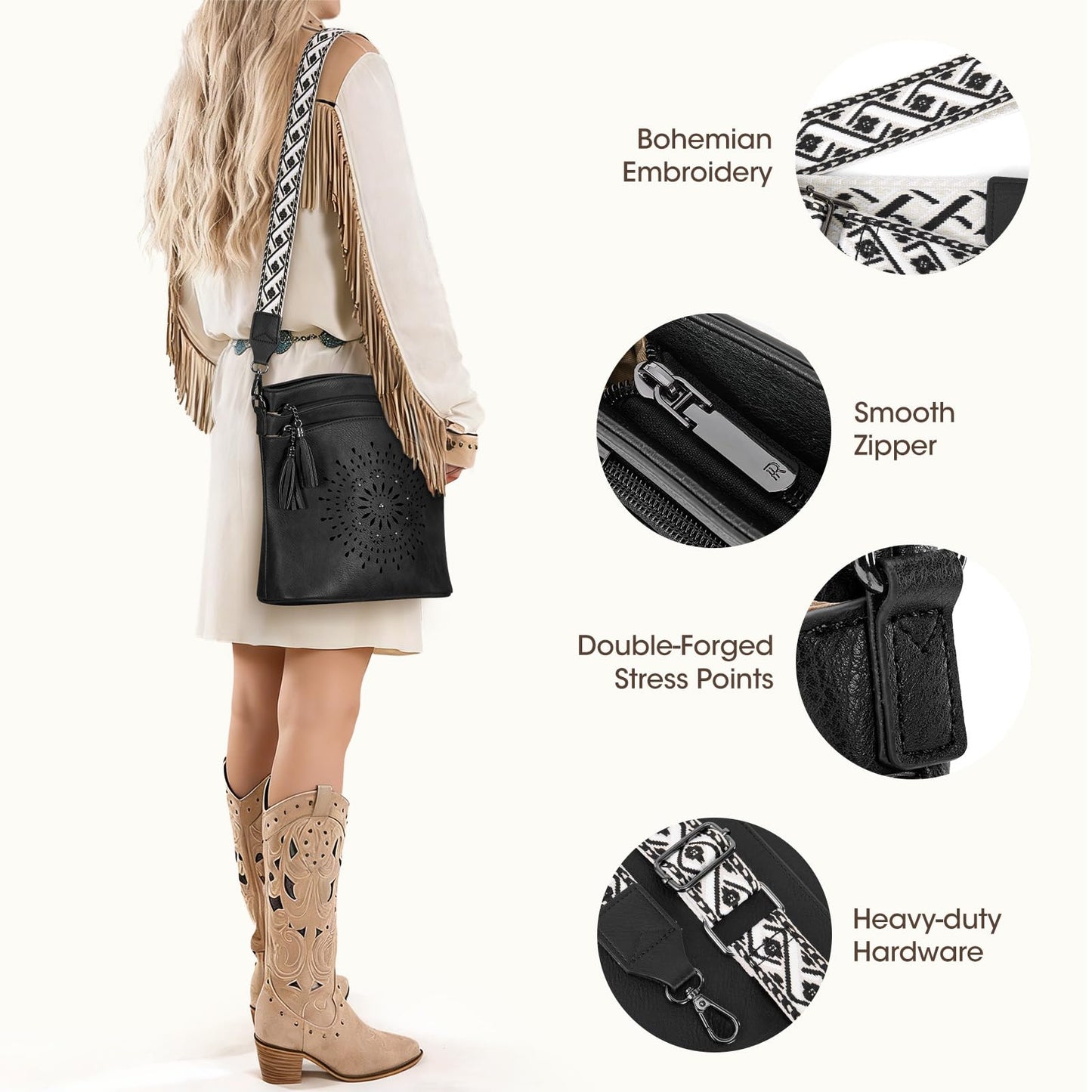 RAINSMORE Women's Medium Leather Crossbody Bag - Lightweight Purse for Weekend Shopping, Everyday Outings, Travel, Designer Trendy Shoulder Handbags with Adjustable Guitar Strap, Multiple Pockets