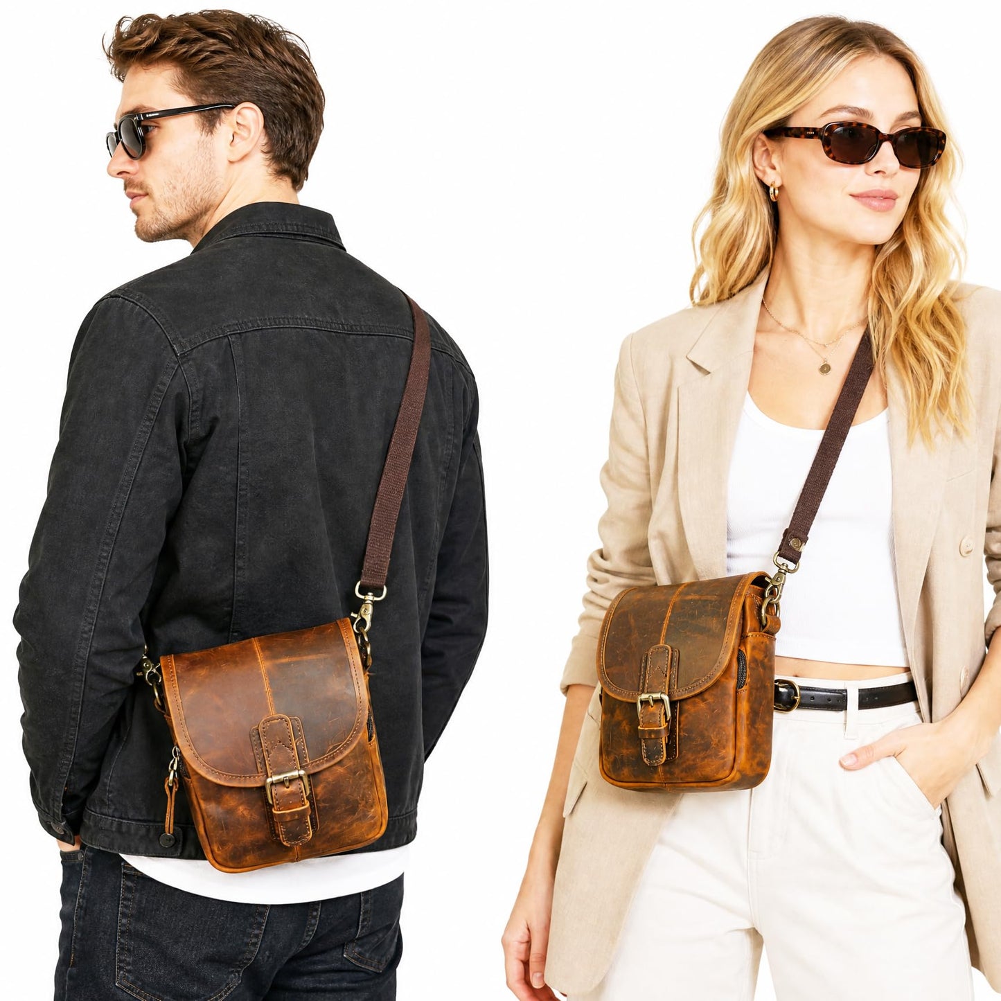 Handadsume Water Resistant Canvas + Leather Hiking Riding Travel Fanny Waist Pack Small Phone Pouch For Men Women FB811-29 (100% Leather- Coffee)