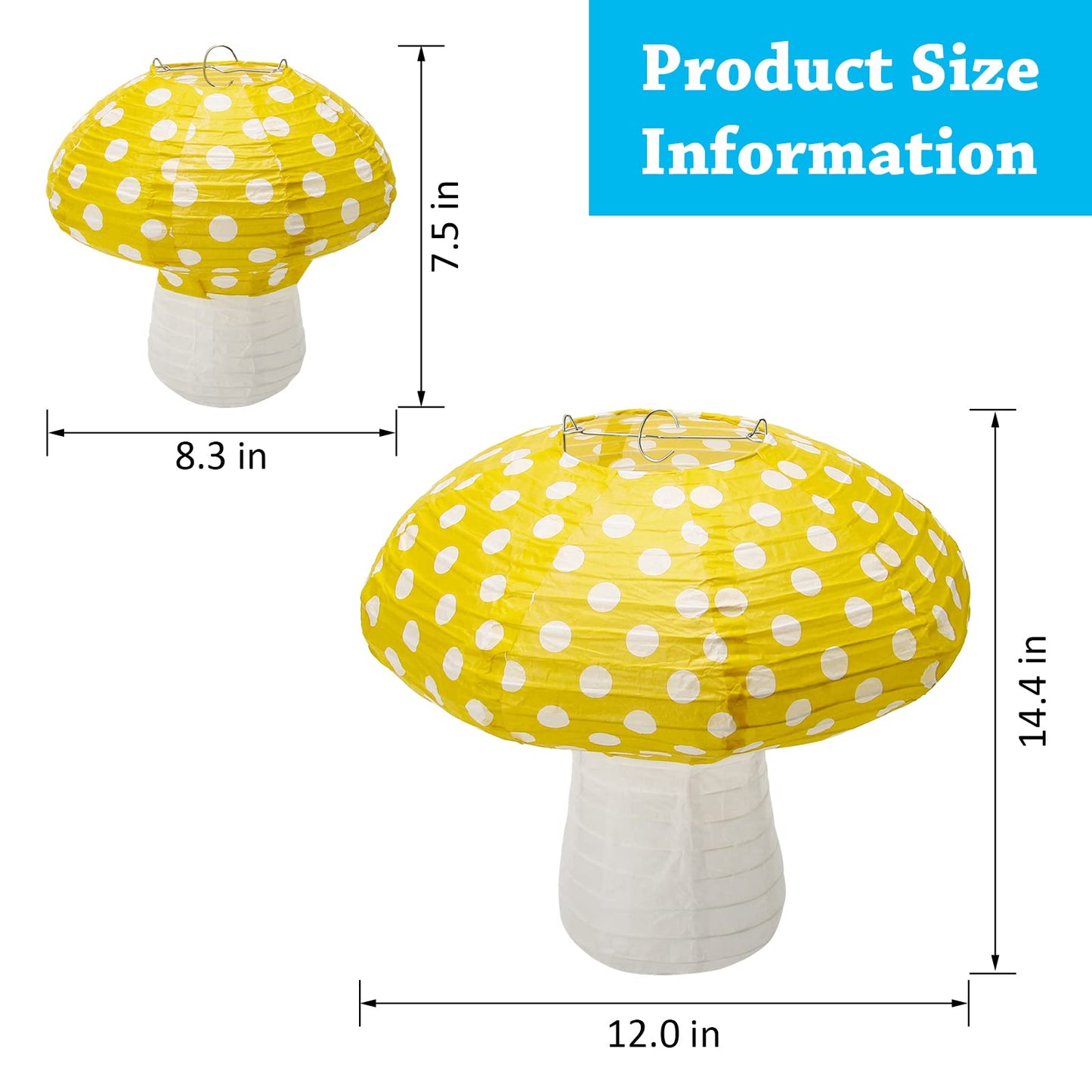 4Pcs Mushroom Shaped Paper Lanterns, Windspeed Large Mushroom Shaped Lanterns For Nursery Garden Christmas Party Decoration, 8 inch, 12 inch (Yellow)