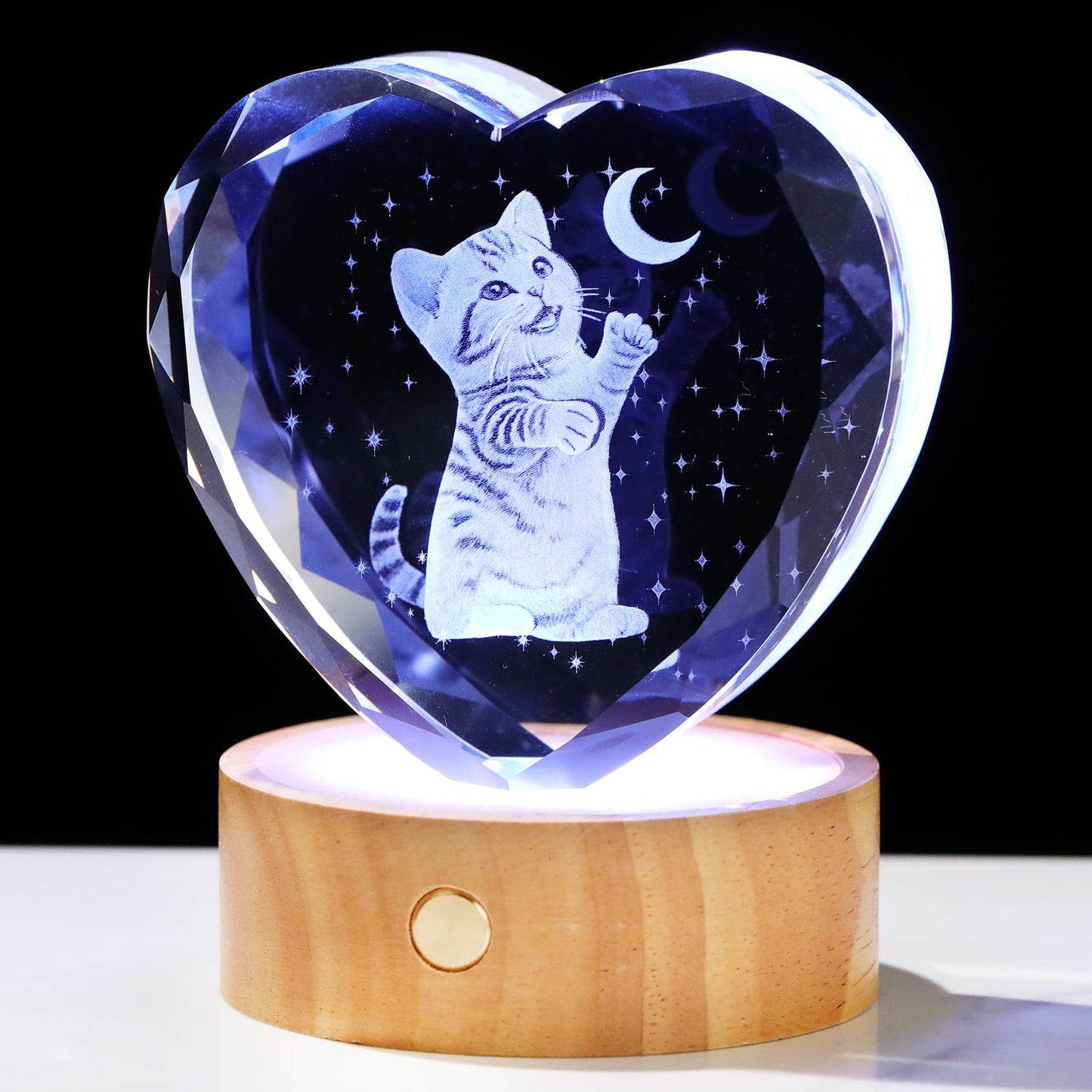Arikyrist 3D Cat and Moon Crystal Heart Gifts for Women Cat Lovers - Glass Kitty Statue with Wooden Light Base, Cute Kitten Lamp Collectible Night Light Home Decor