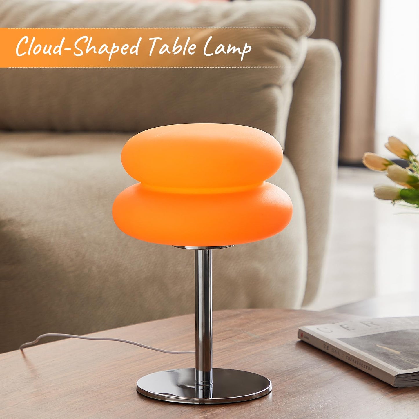 LSTVZSNRX Orange Mushroom Lamp, Mid Century Modern Lamp for Nightstand, Dimmable Retro Egg Tart Bedside Lamps, Home Decor Ambient Lighting Aesthetic Cute Lamps for Bedroom Living Room (NOT Glass)