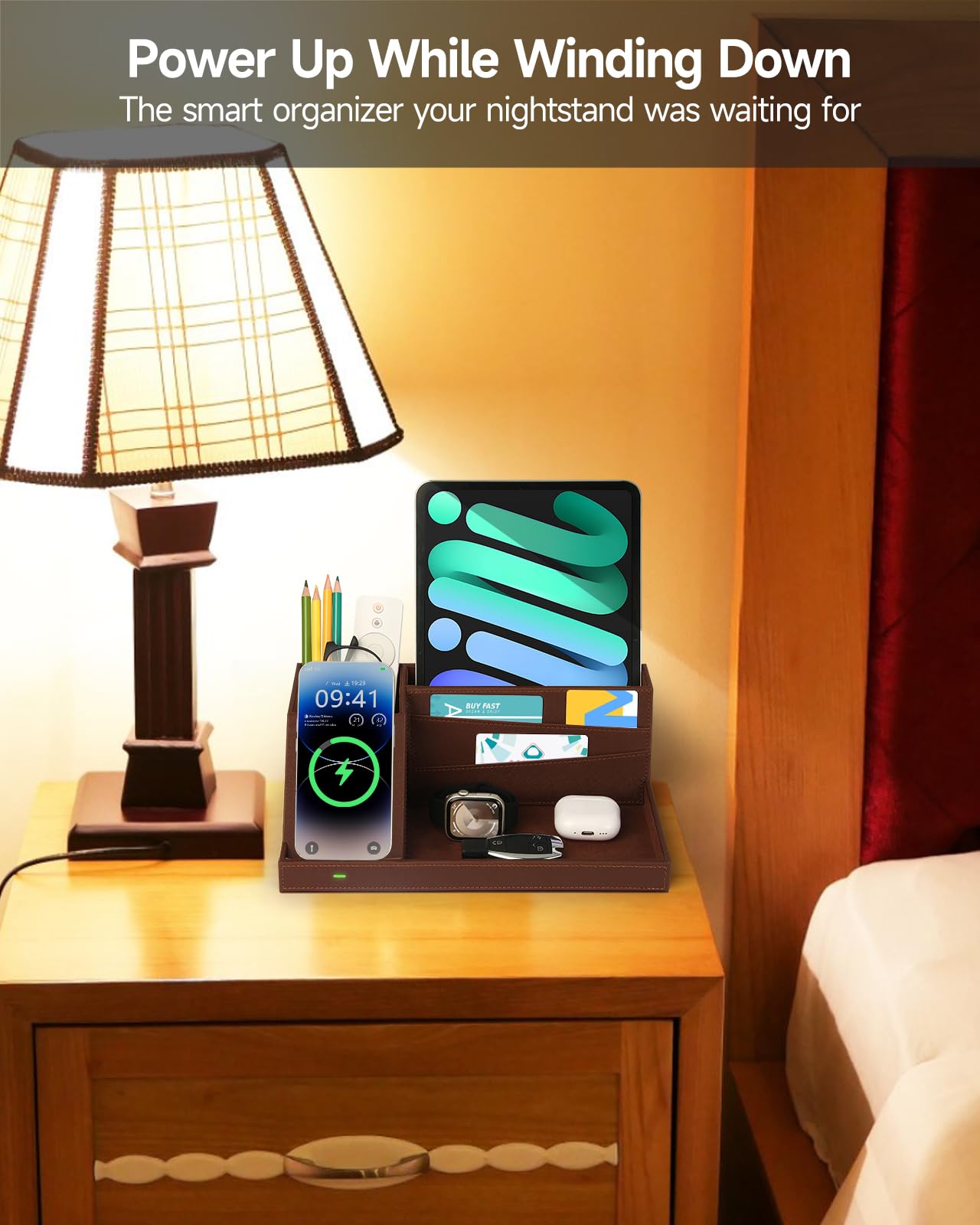 Fast Wireless Charging Station with Desk Organizer for iPhone 17/16/15/15 Pro/14/14 Pro Max/14 Pro/14 Plus/13/13 Pro Max/13 Pro/and iPhone 12/11 Series, Nightstand Desktop Organizer, Brown