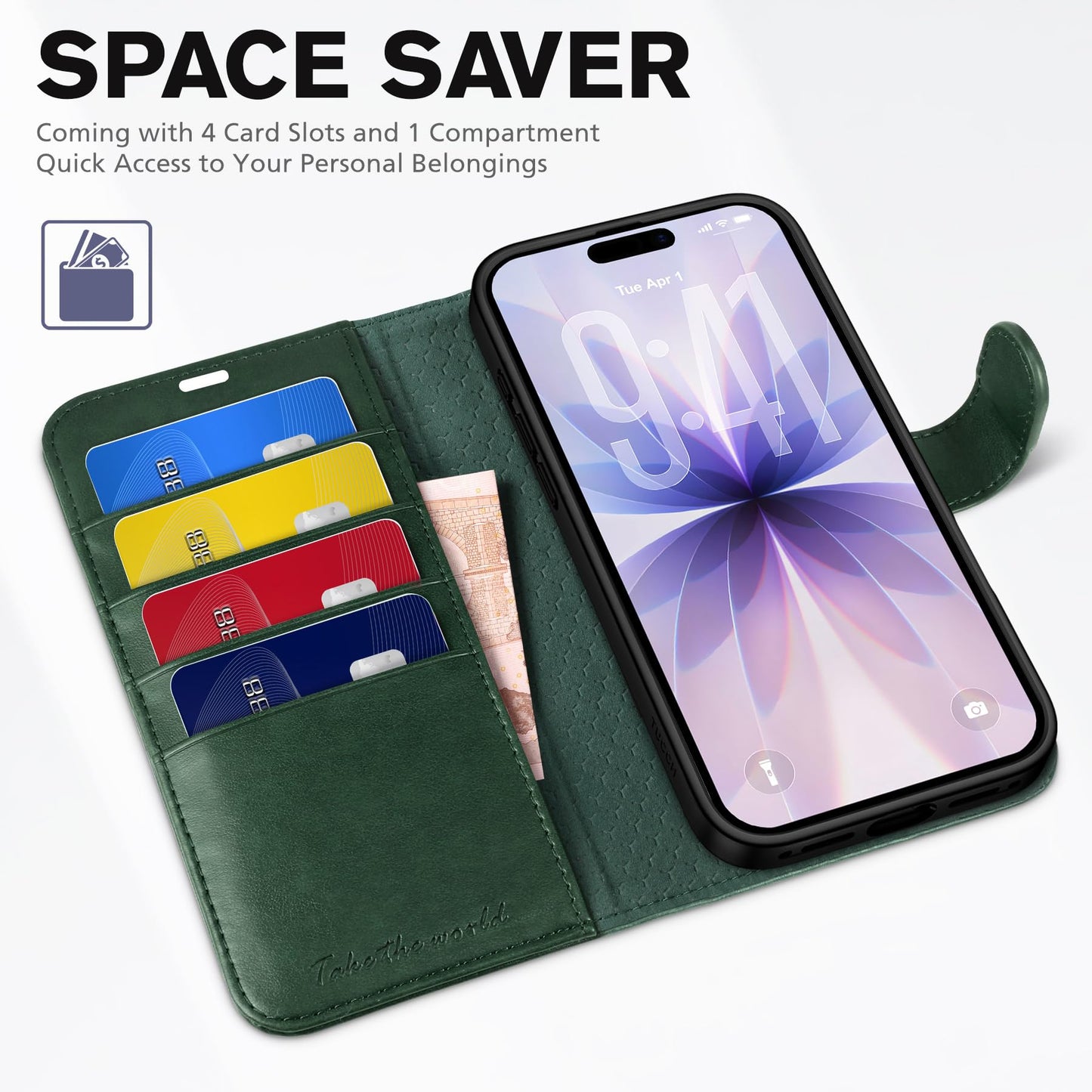 TUCCH Wallet Case for iPhone 17 (6.3") 2025, RFID Blocking 4 Card Slots, Kickstand, Shockproof TPU Shell, PU Leather, Magnetic Closure, Protective Flip Folio Cover, Evergreen