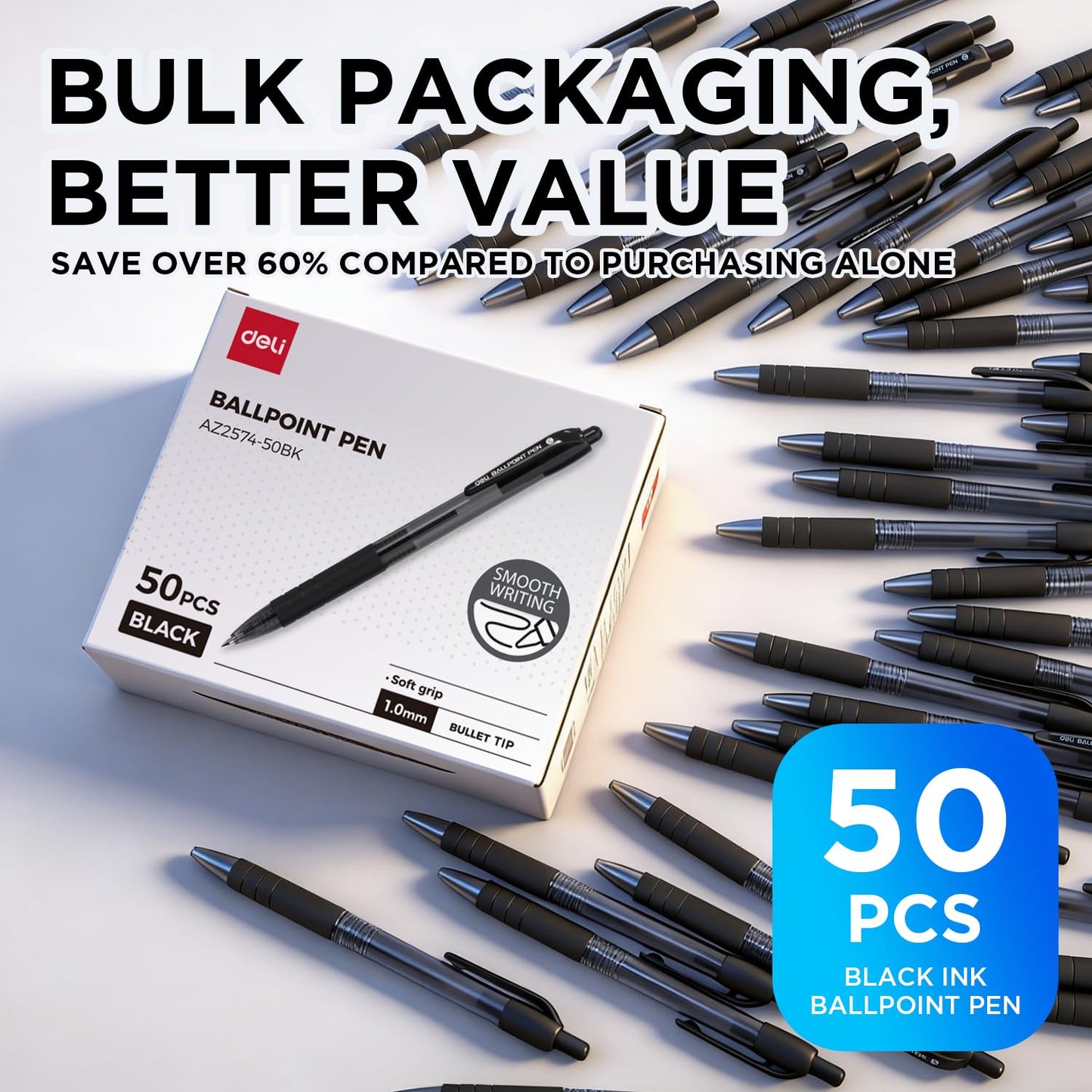 deli Pens Bulk,50 Pack Ballpoint Pens Black Ink 1.0MM Medium Point, Smooth Writing Retractable Pen with Soft Grip, No Bleed,Fast Dry,for Office School Home Use