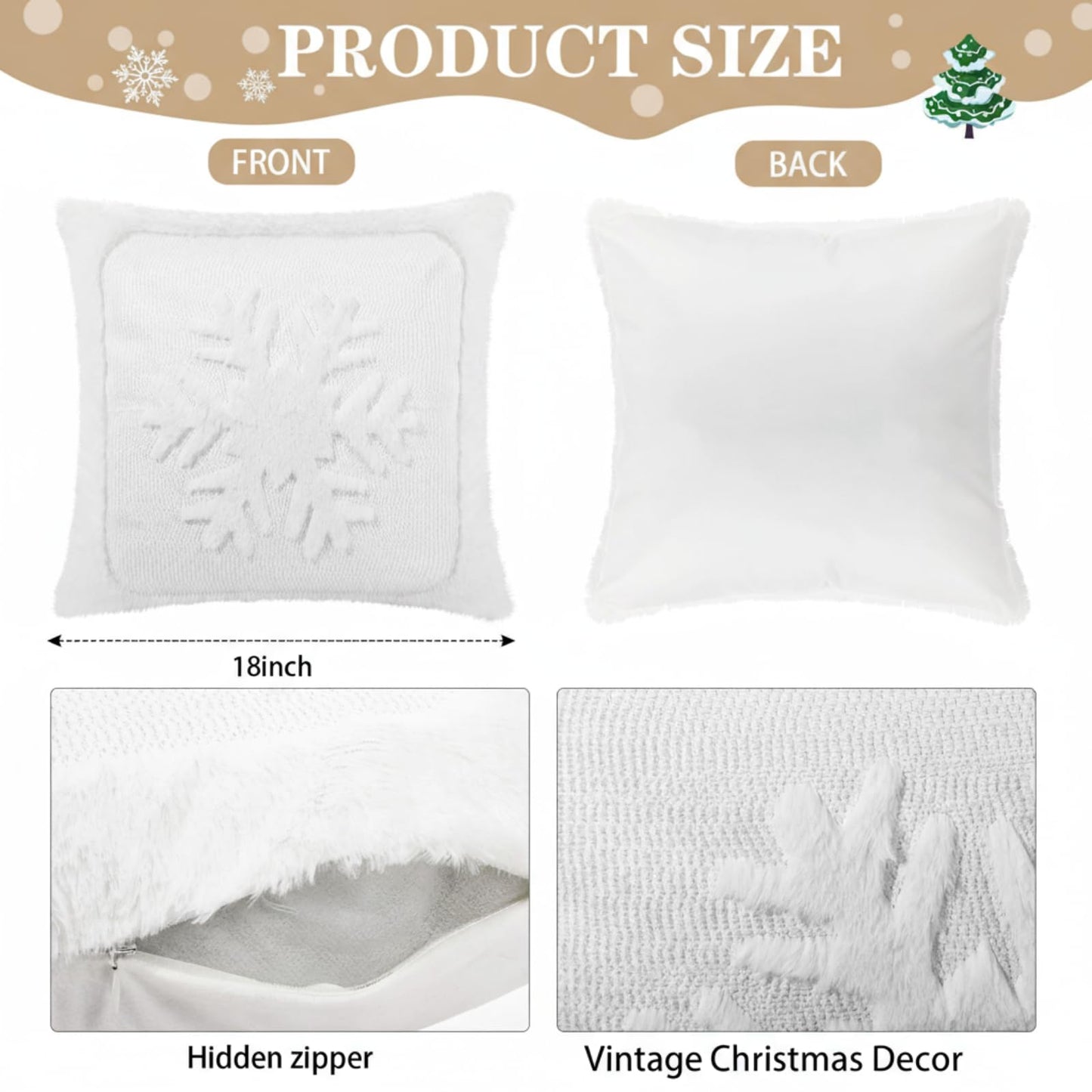 Newwiee Christmas Throw Pillow Covers 18x18 Inch Set of 2 Snowflake Pillow Cases Soft Plush Faux Fur Couch Cushion Case for Chair Sofa Bedroom Living Room Home Decor (White)