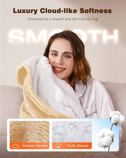 Wearable Heated Blanket - Cozy Gift for Women, Mom, Men| Reversible Flannel & Sherpa Electric Wrap with Pockets & Hood, 6 Heat Levels, 1-4H Timer, ETL Safe, Machine Wash, 50"x70" Beige