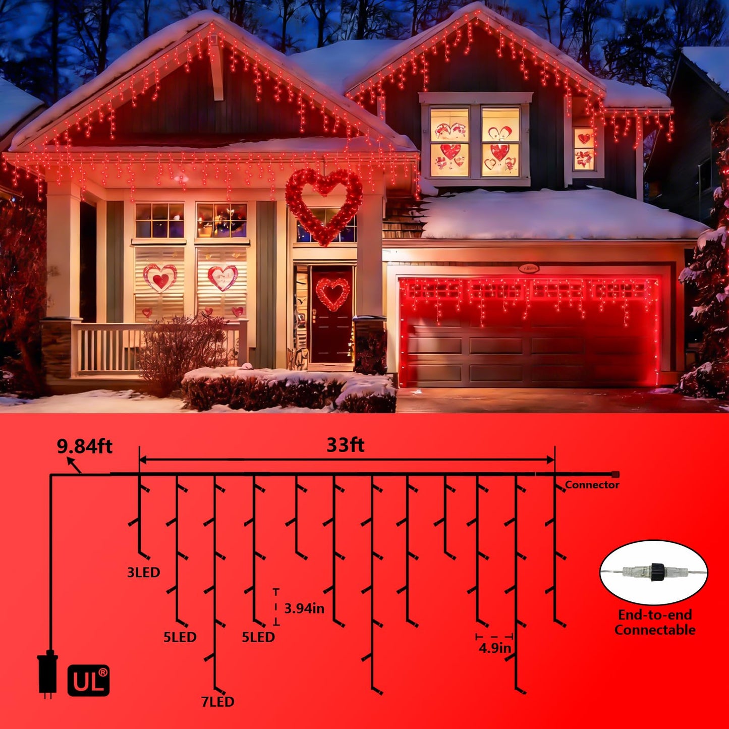 YEGUO 33ft 400 LED Red Icicle Lights for Valentine’s Day, Icicle Christmas Lights with 8 Modes, Connectable Icicle String Lights with Memory Timer