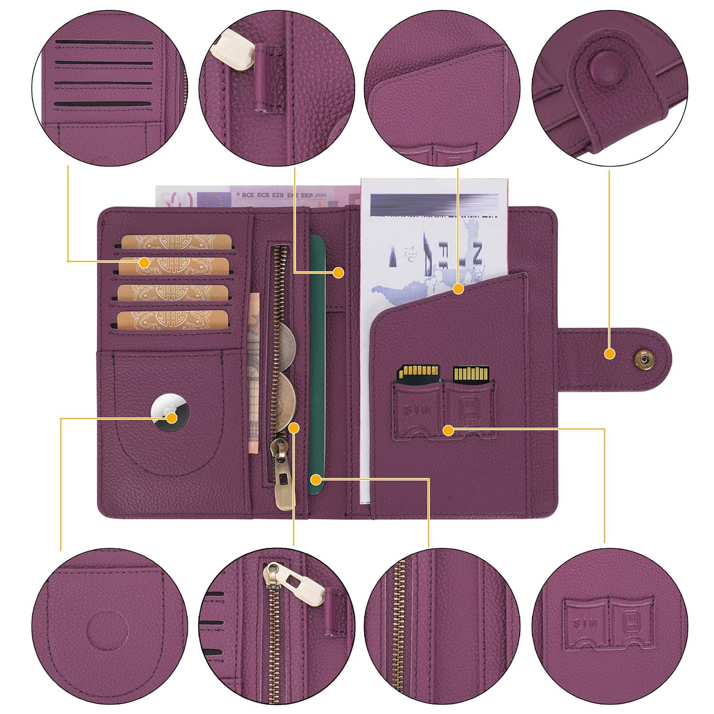 WASON Leather Passport Cover Wallet - Travel Passport Holder with RFID, Card Slots, Cash Pocket, Coin Purse, Tracker Slot, Boarding Pass and Ticket Organizer for Men and Women (Purple)