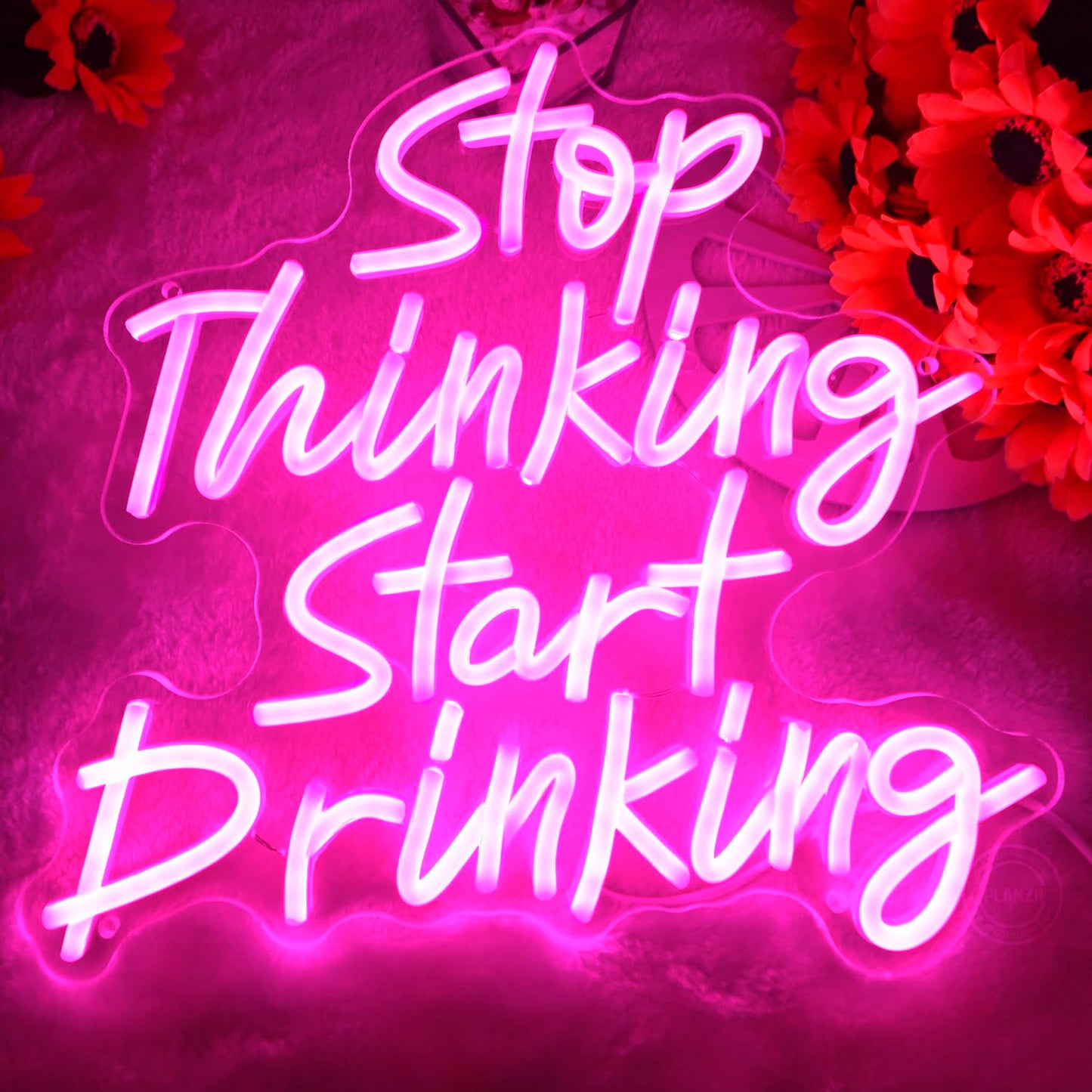Planzo Stop Thinking Start Drinking Neon Sign Wall Decor Beer Sign for Home Bar Pub Bistro Man Cave Garage Night Club Coffee Shop LED Light Sign Kitchen Bedroom Birthday Party Gift 5V USB Pink