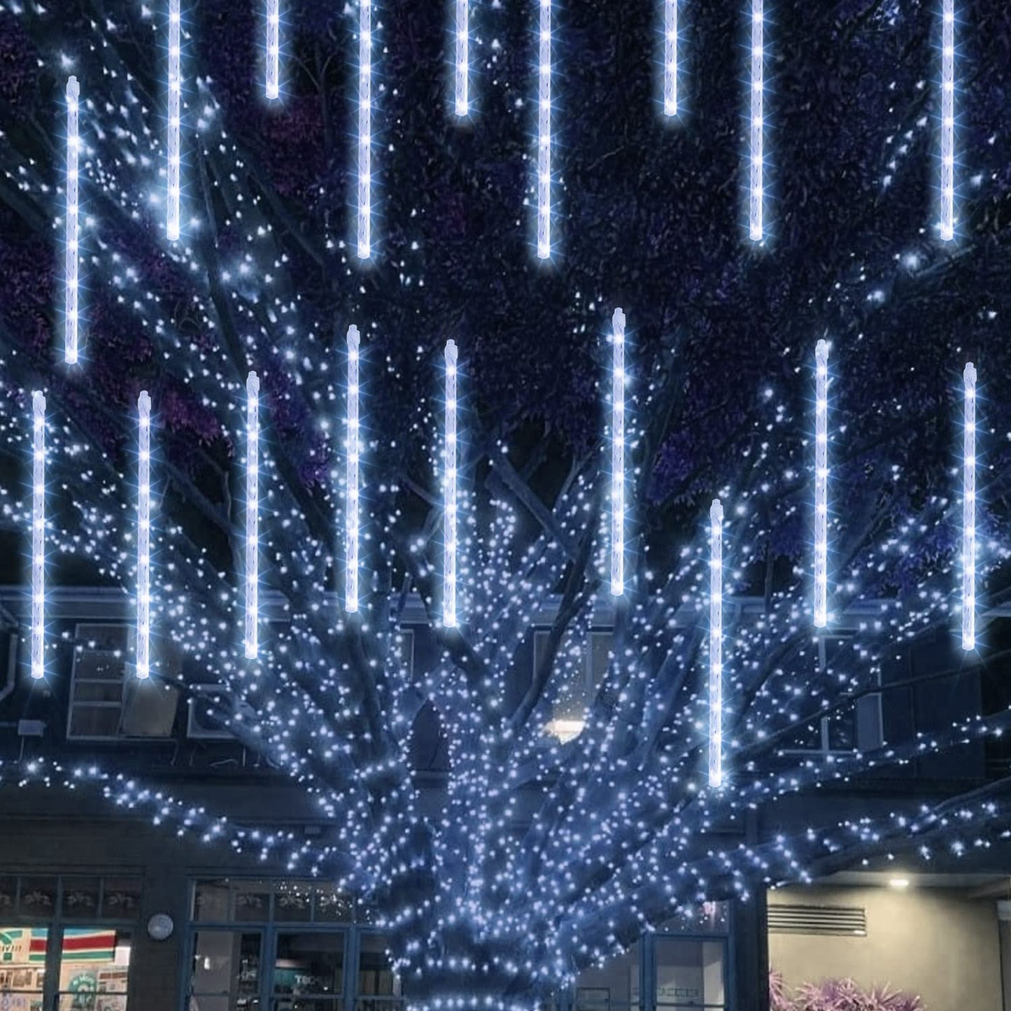 TW SHINE White Christmas Meteor Shower Lights Outdoor, 288LED 12" 8 Tubes Waterproof Christmas Lights Outdoor Plug in, Snow Falling Rain Icicle Xmas Light Decorations, White