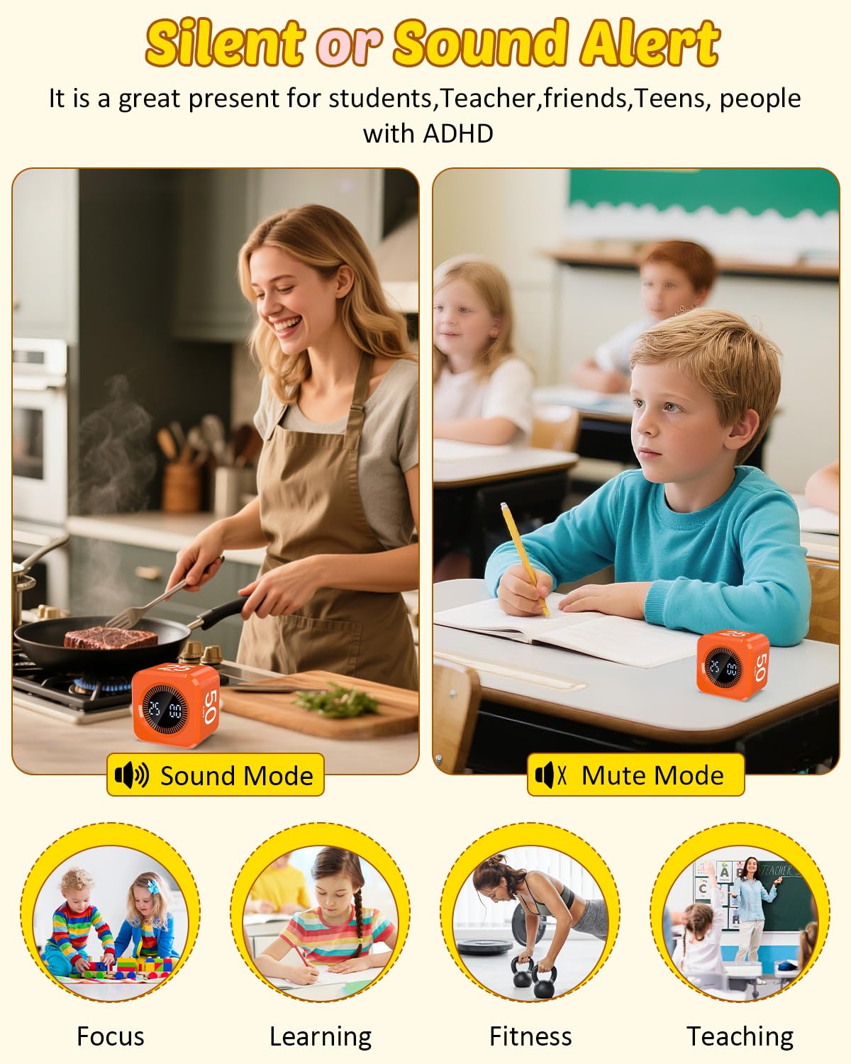 COWVTUJ Digital Pomodoro Timer Cube 5/10/25/50min, Visual Productivity Flip Timer for Kids Classroom Desk, Custom Countdown, Silent and Sound Mode for ADHD Study Work Game Kitchen (Orange)
