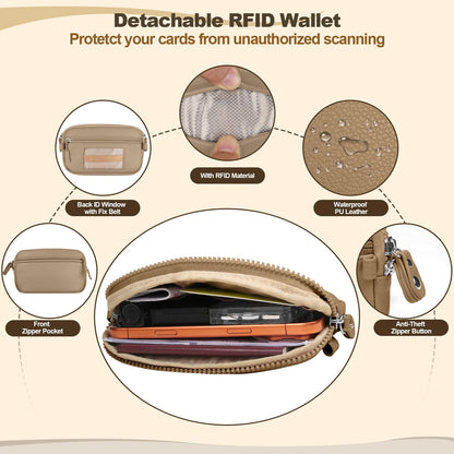 YFWE Clip and Go Phone Strap with Crossbody Wallet, Adjustable Phone Lanyard with Detachable RFID Wristlet Wallet, Anti-Theft Leather Purse with ID Window for Travel Essentials (Khaki)