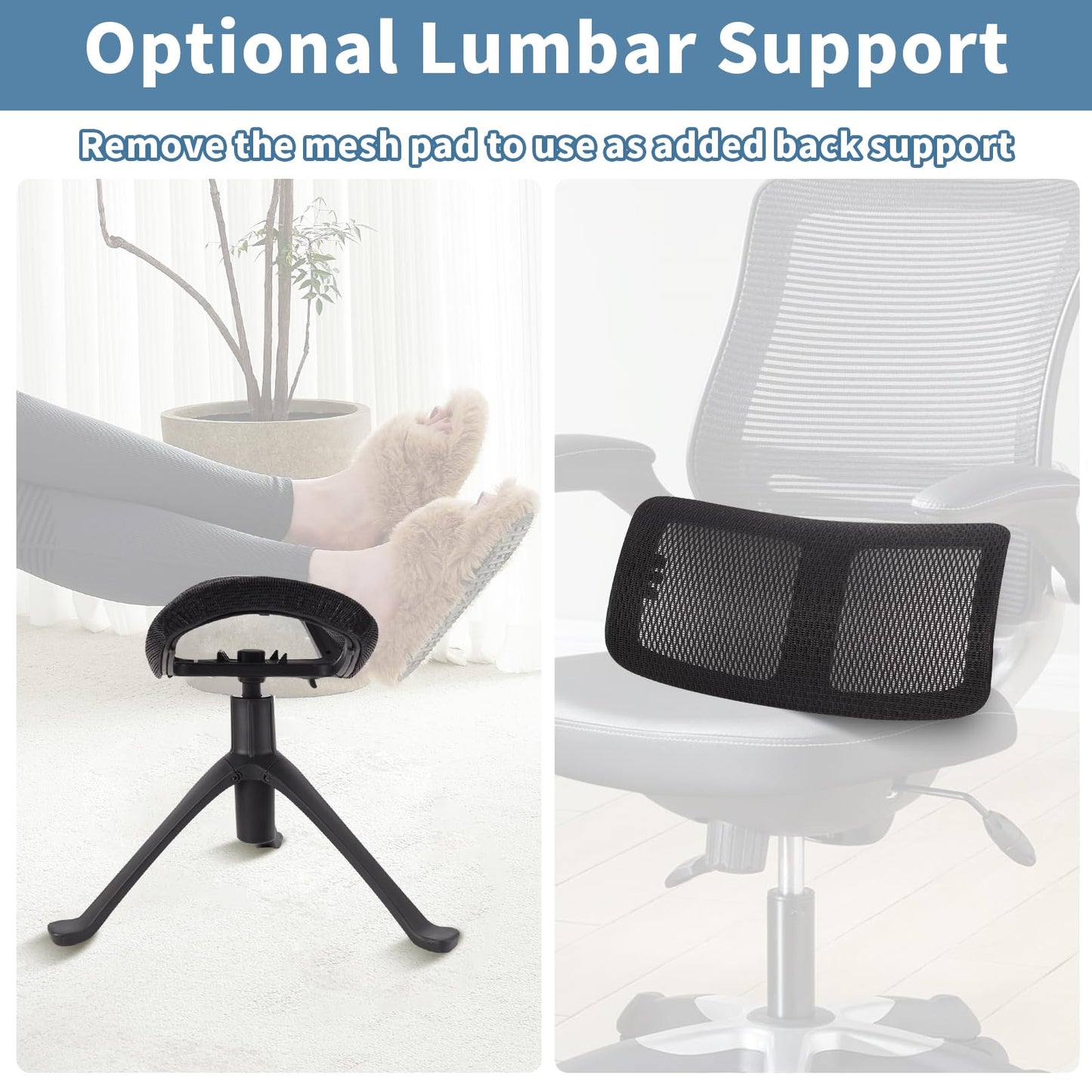 Under Desk Footrest, 2-in-1 Height Adjustable Rotatable Ergonomic Under Desk Foot Rest Ottoman, Rolling Leg Rest Stool with Breathable Mesh and Nylon Frame for Home Office