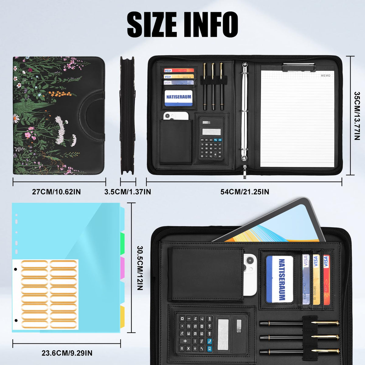 NATISERAUM Portfolio Binder 3 Ring Includes Pen and 5 Dividers with 10 Pockets, Padfolio Organizer with Magnetic Handle for Men and Women, Includes A4 Notepad for Business, School, Work