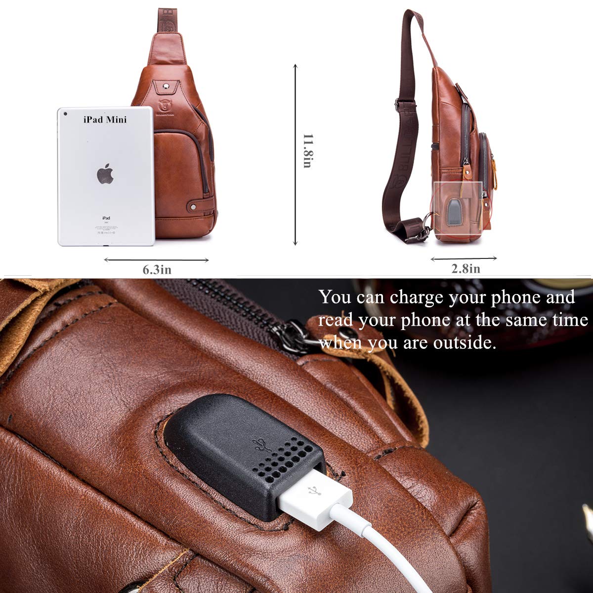 BULLCAPTAIN Genuine Leather Sling Bag with USB Charging Port Multi-pocket Chest Bag for Men Hiking Travel Daypack XB-129(Brown)