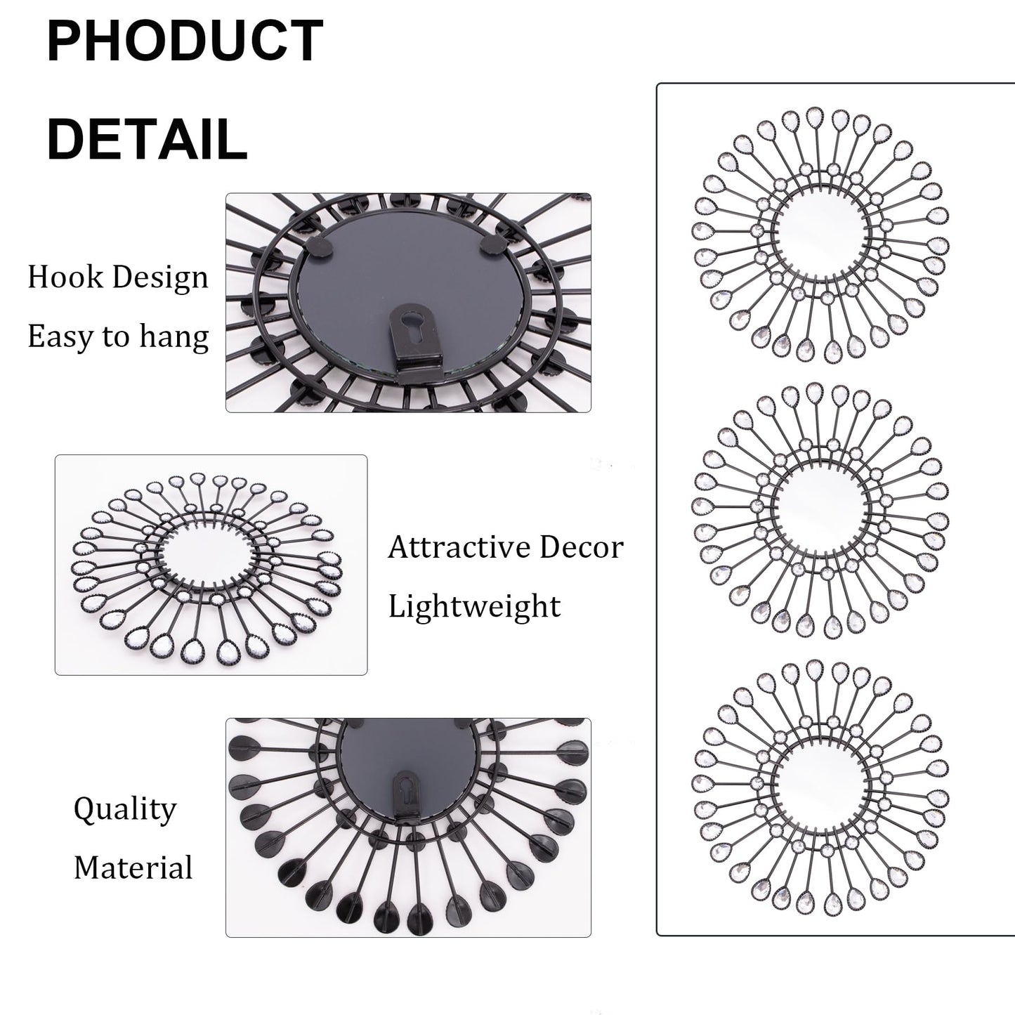 Black Mirrors 3 Piece,Sunburst Mirror Hanging Wall Decor,9inch indoor Adorn