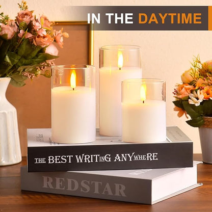 Glass Battery Operated LED Flameless Candles with Remote and Timer, Real Wax Candles Warm Color Flickering Light for Festival Wedding Home Party Decor(Pack of 3)-Lvory White