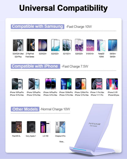 Fast Wireless Charger, NANAMI 15W Qi Certified Wireless Charging Stand Compatible iPhone 17/17 Air/16/15/15 Pro/15 Plus/15 Pro Max/14/13/12, for Samsung Galaxy S25/S24/S23/S22/S21 and Qi-Enabled Phone