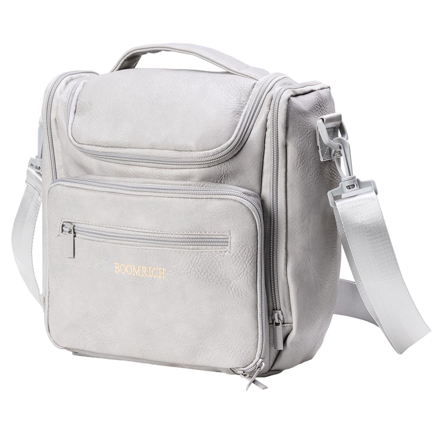 BOOMRICH Large Toiletry Bag for Women, Hanging Leather Travel Makeup Bag with 360° Hook and Shoulder Strap, Travel Organizer for Full Sized Container, Toiletries, Brushes (Grey)